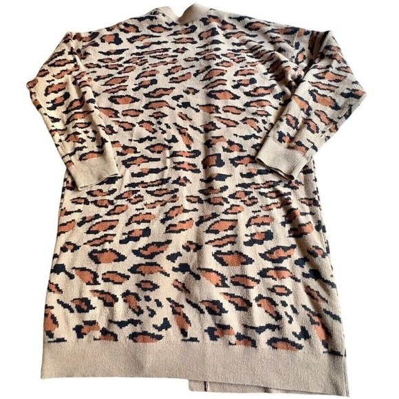 SPLENDID $168 Leopard Print Duster Cardigan, Boho Knit Sweater Tan Brown MED EUC - Picture 5 of 11